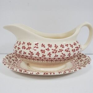 English Ironstone Tableware Provence Red Floral Gravy Boat & Underplate Set of 2